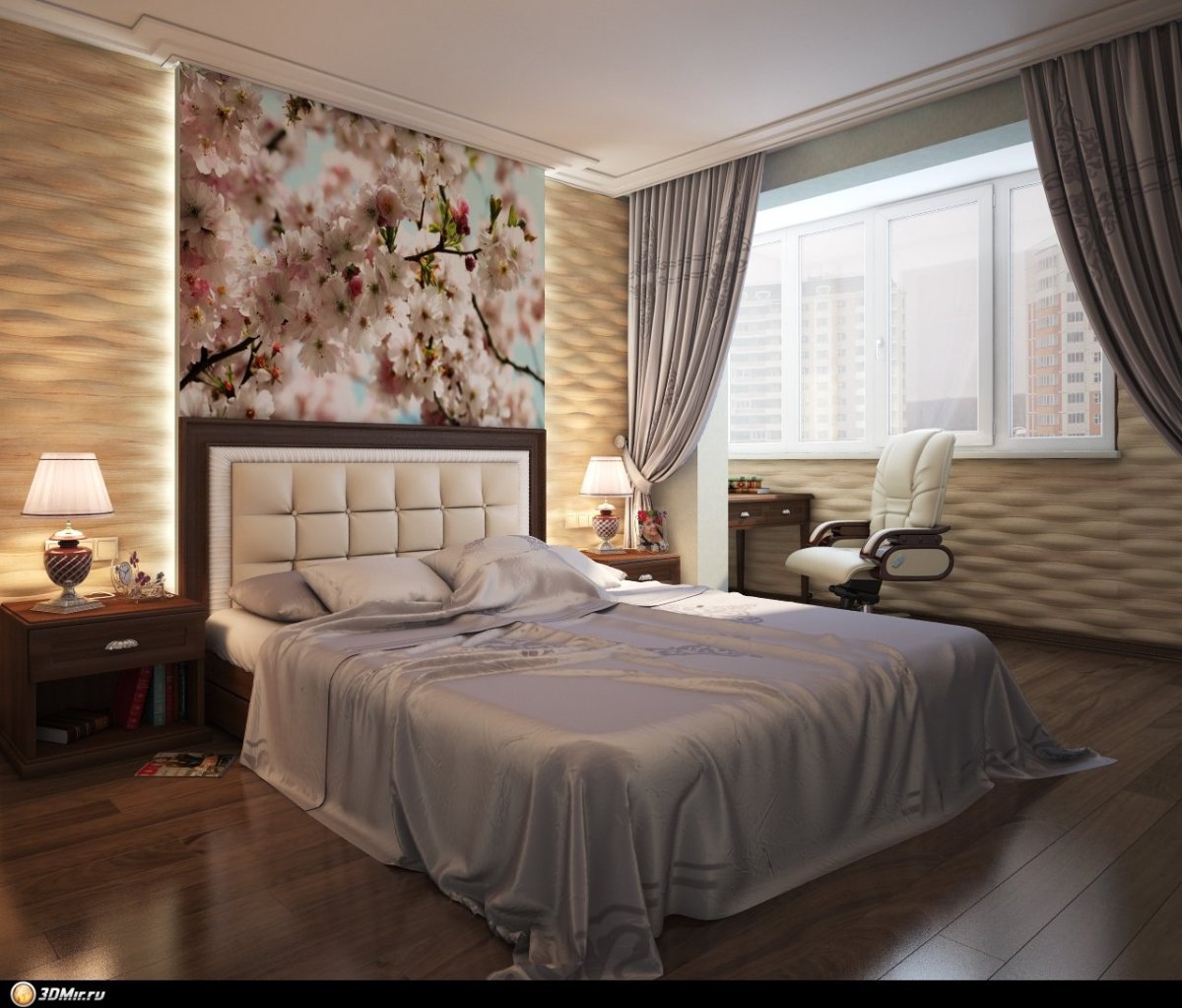 Фотообои в изголовье кровати в спальне