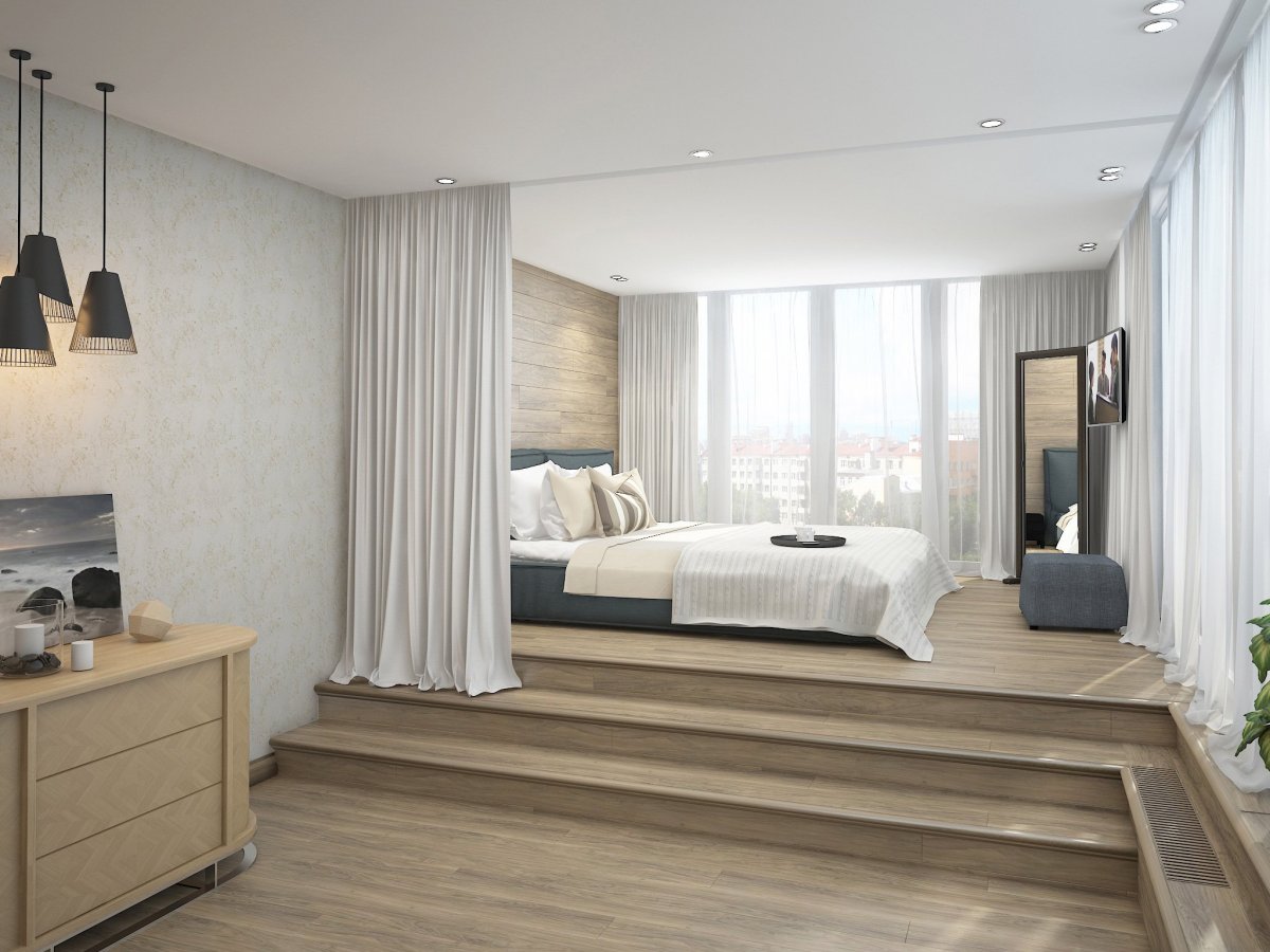 Интерьер спальни с подиумом