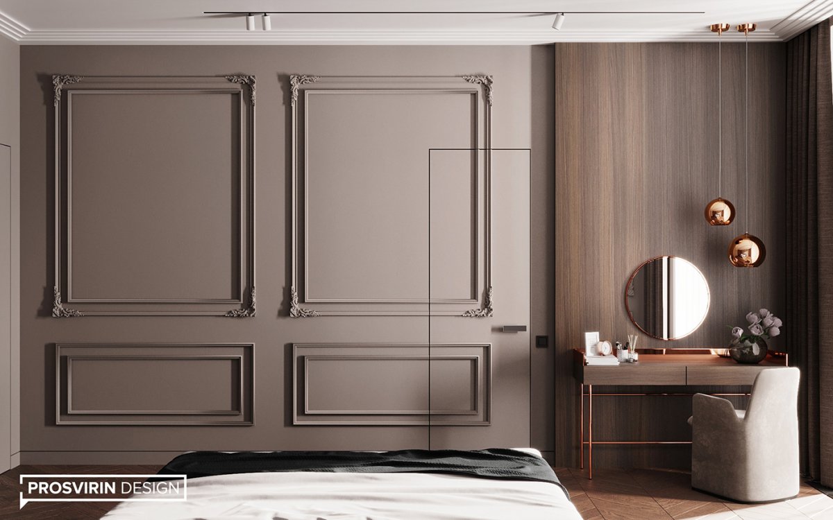 Спальня с молдингами в современном стиле