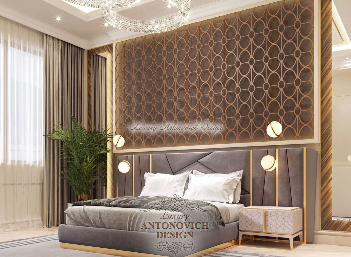 Мягкое изголовье с латунными вставками