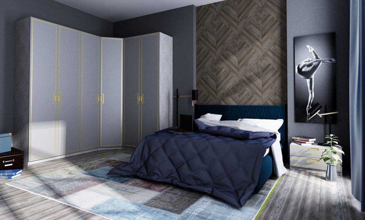 Угловой шкаф в спальню под серые обои