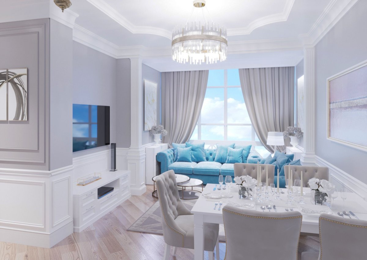 Серые стены с белыми молдингами