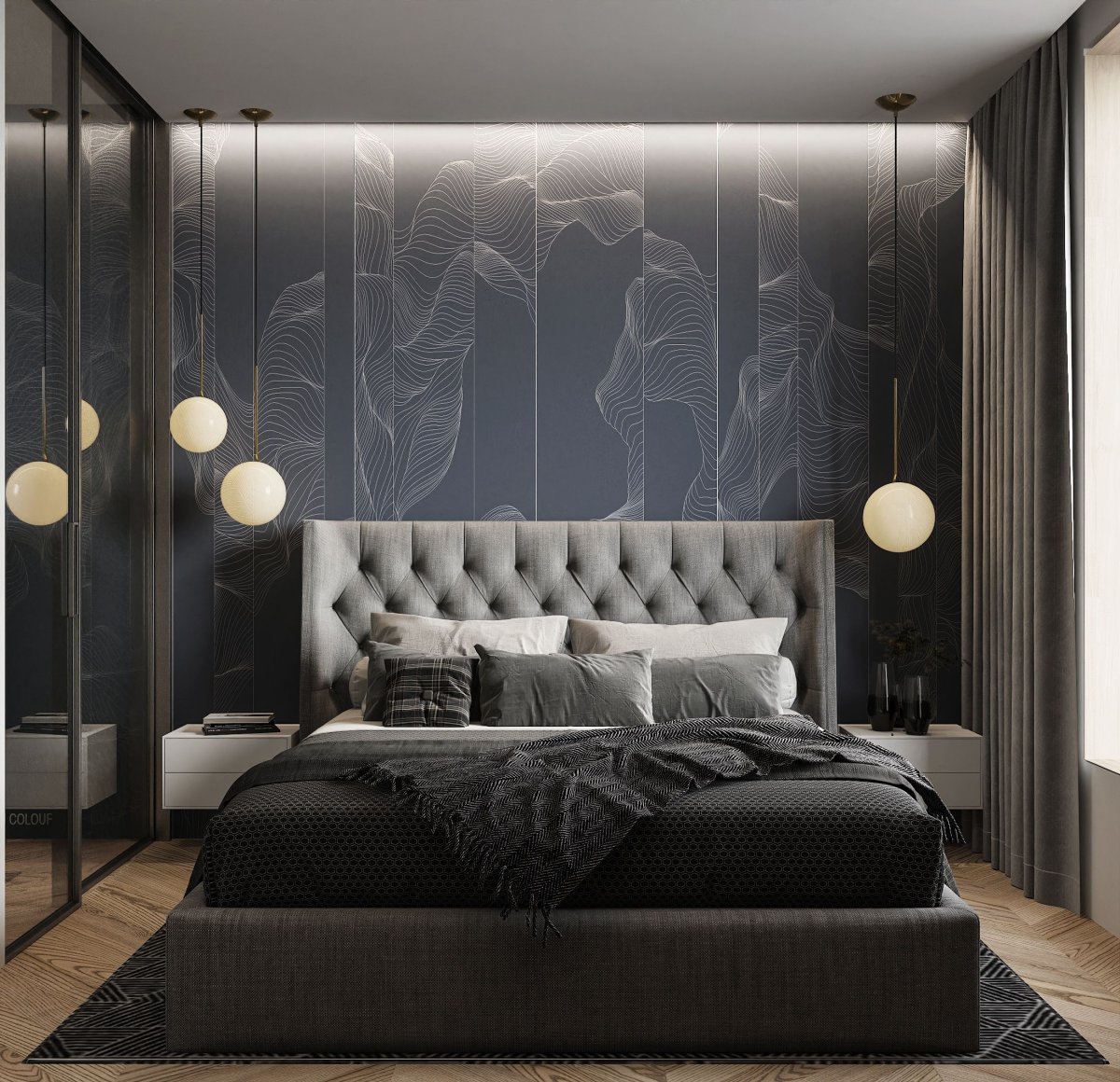 Светлая спальня с темной мебелью