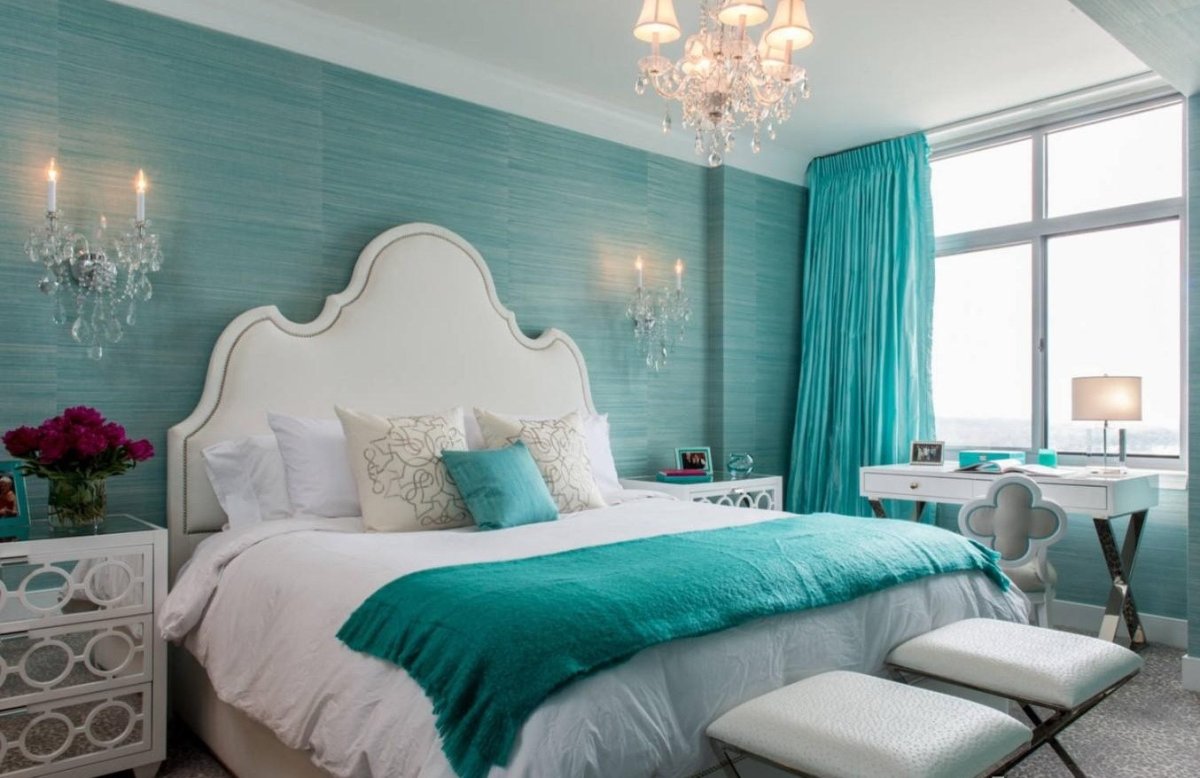 Бирюзовый цвет стен в интерьере