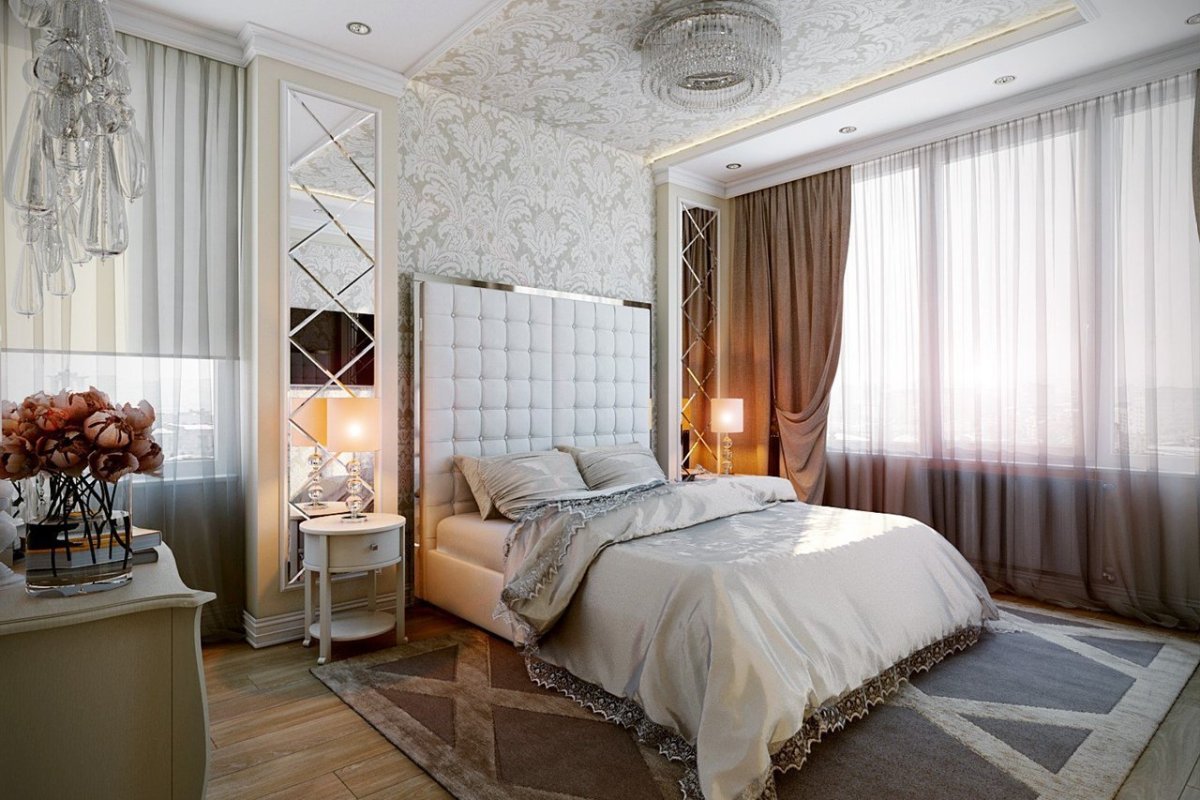 Зеркальная плитка в интерьере спальни