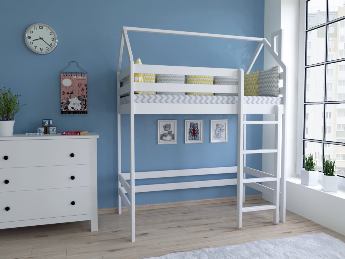 Кровать чердак деревянная Эовин белая l высота 120 см