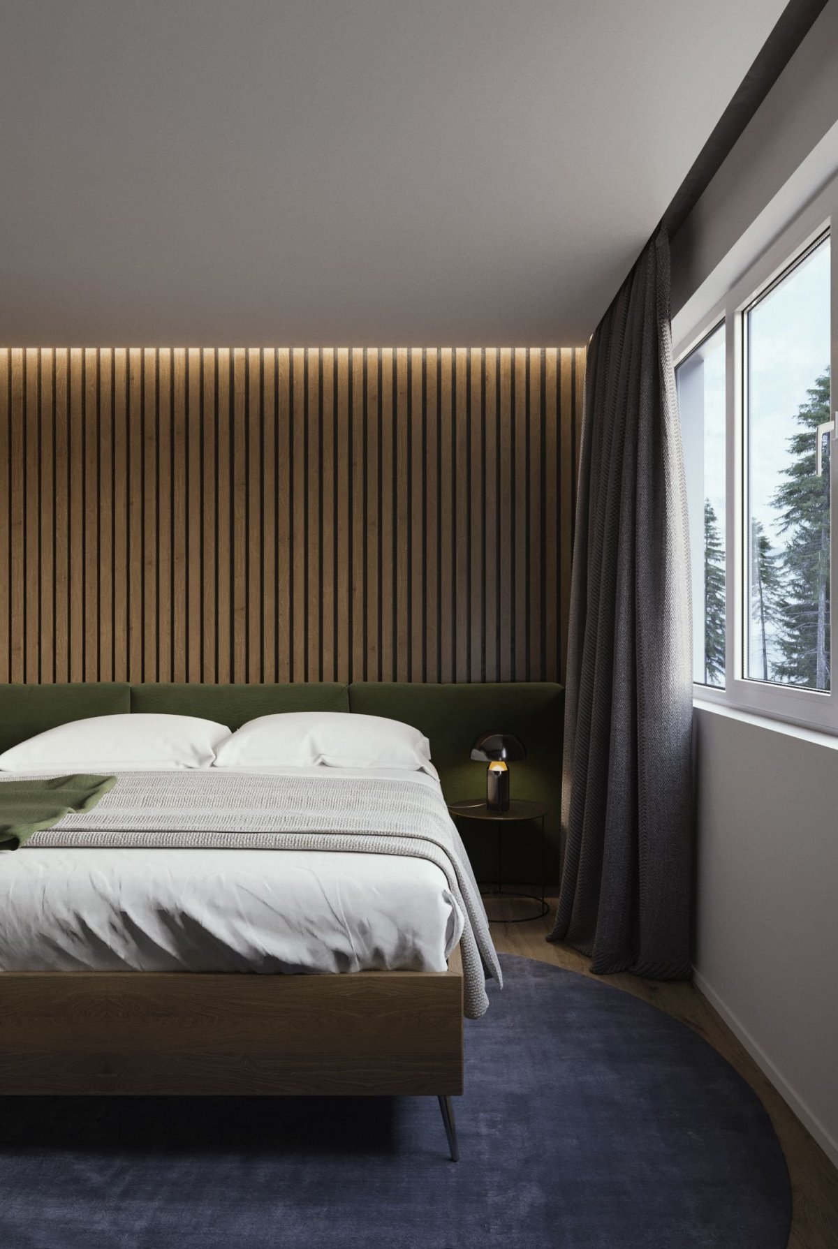 Спальня с рейками на стене