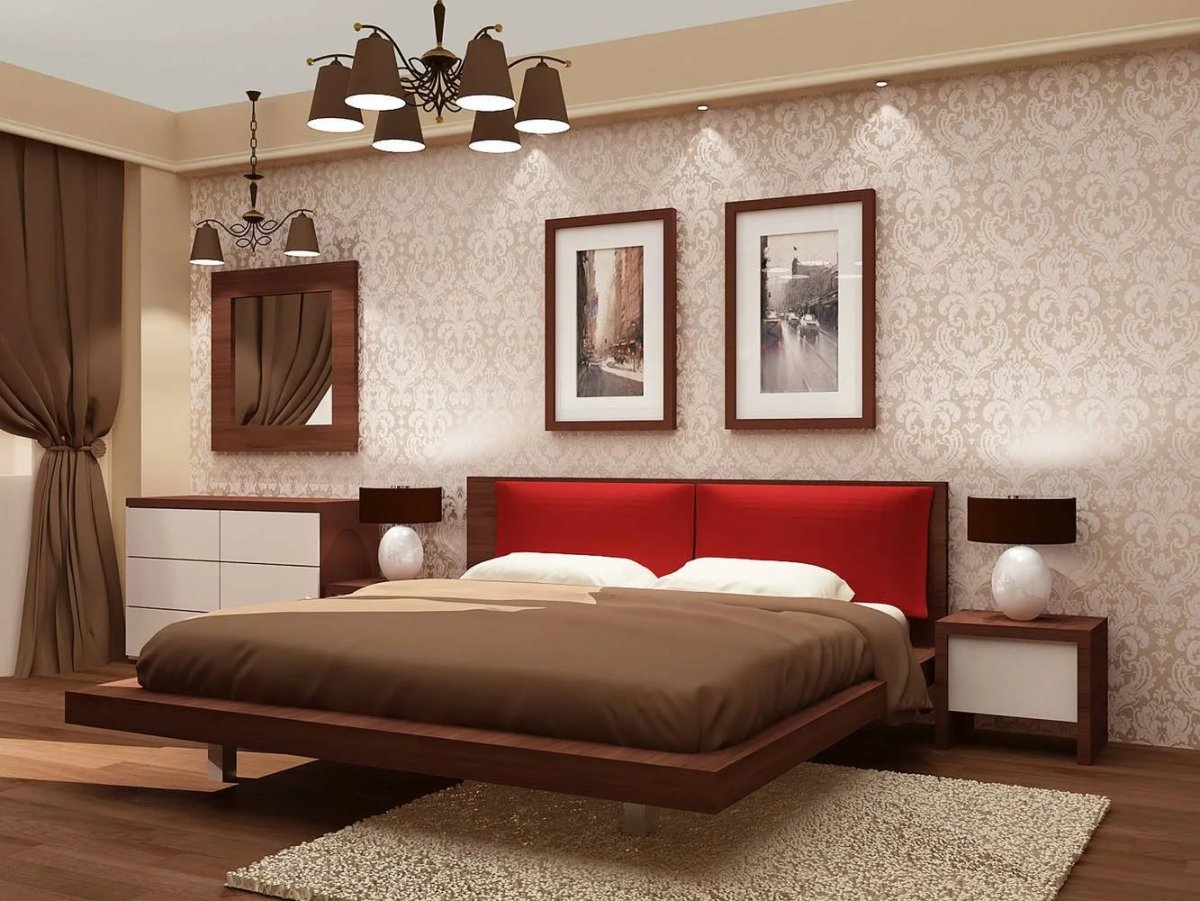 Светлая спальня с коричневой мебелью