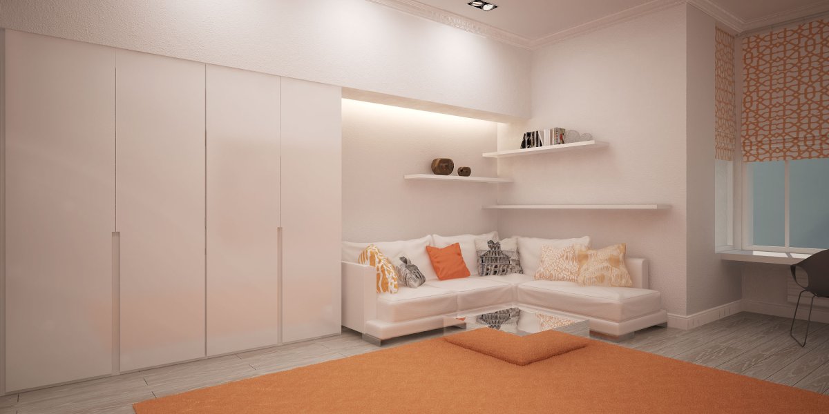 Стеллаж за диваном в гостиной