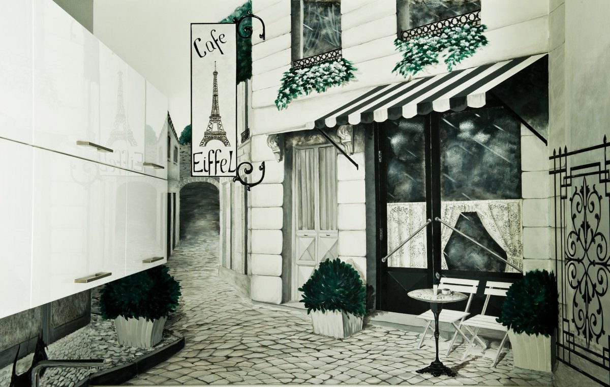 Фреска городское кафе черно-белое