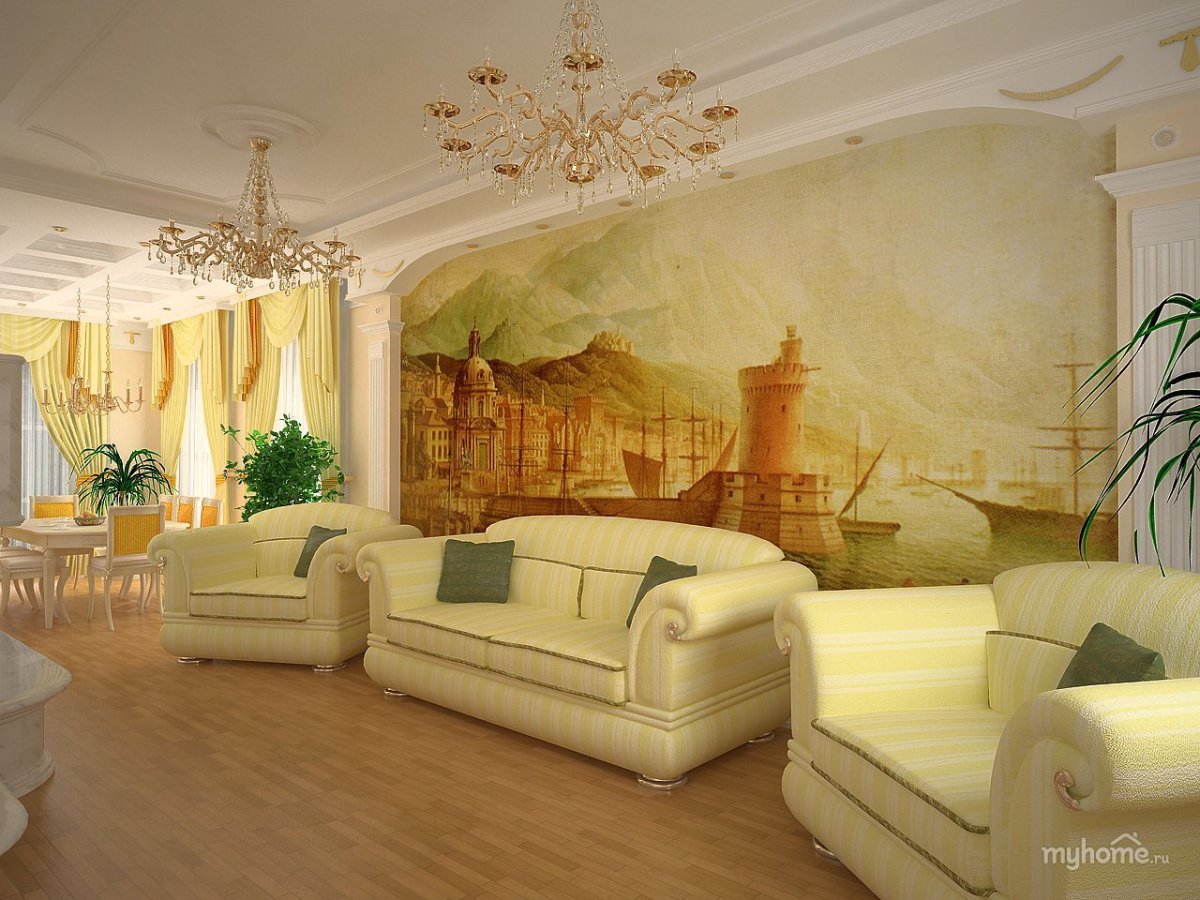 Фрески афреско в интерьере гостиной