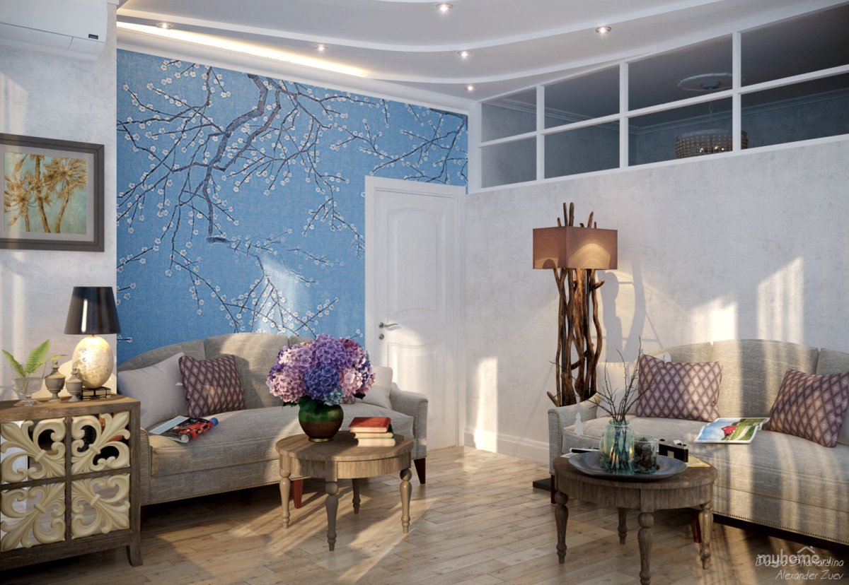 Роспись на стене в интерьере гостиной