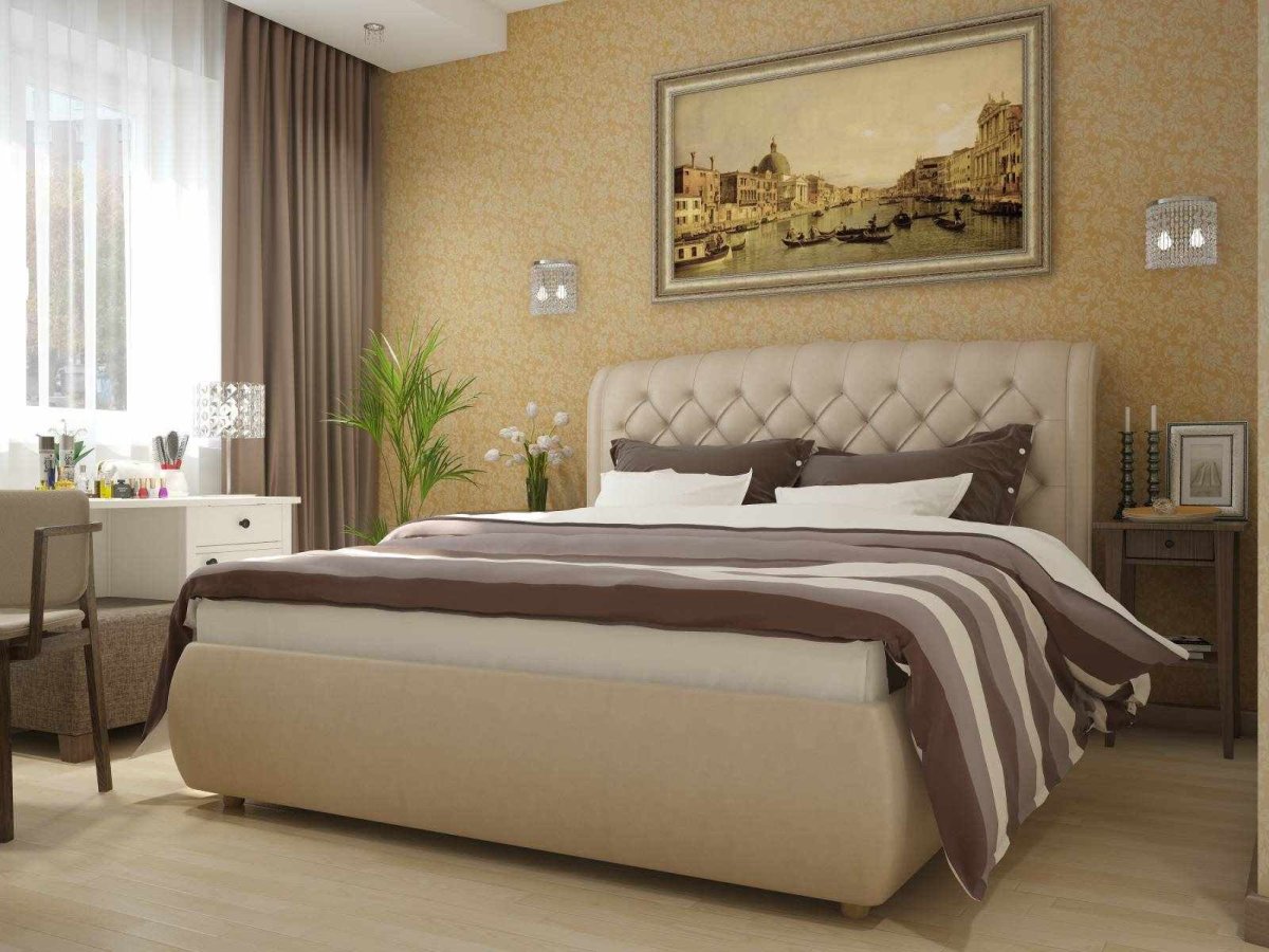 Бежевая кровать в интерьере спальни