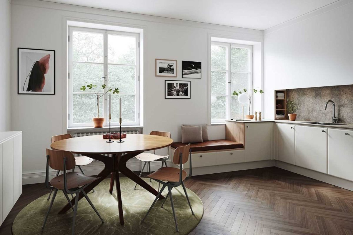 Круглый стол в прямоугольной кухне