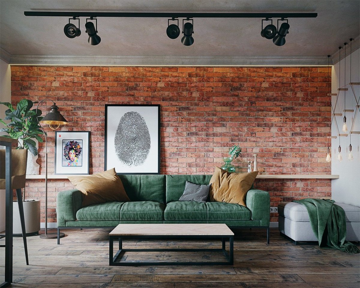 Кирпичный диван в интерьере