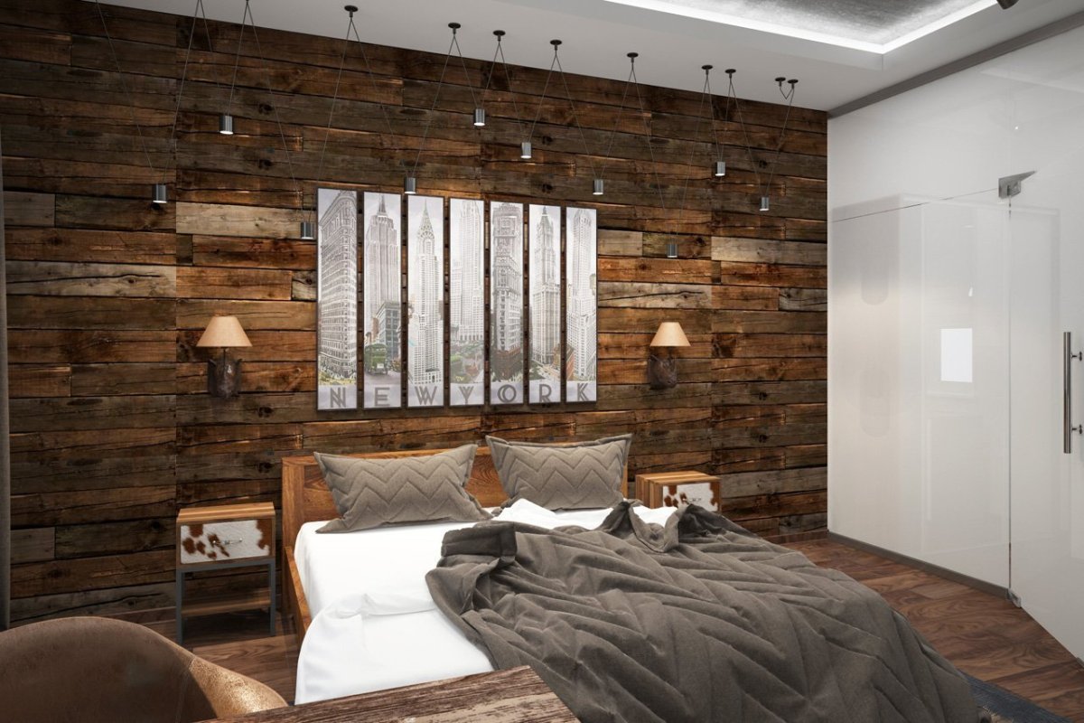 Ламинат на стене в спальне