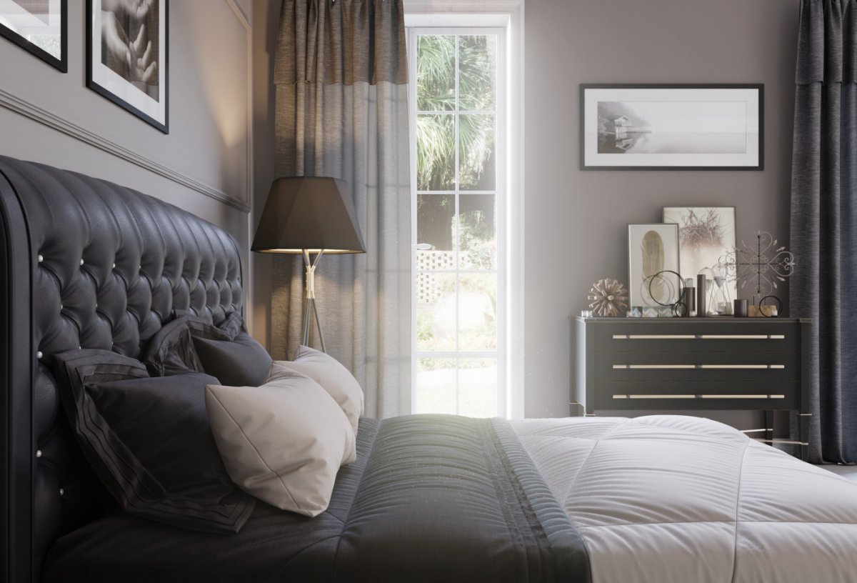 Серая кровать в интерьере