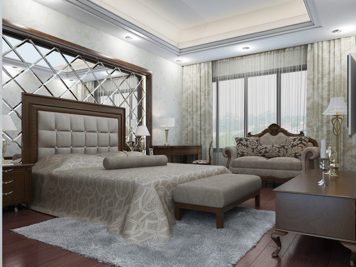 Спальня с гардеробной у изголовья кровати