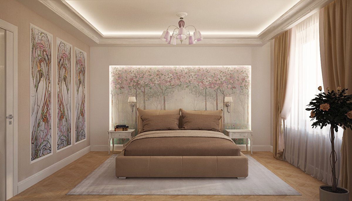 Спальня с фреской в изголовье в стиле