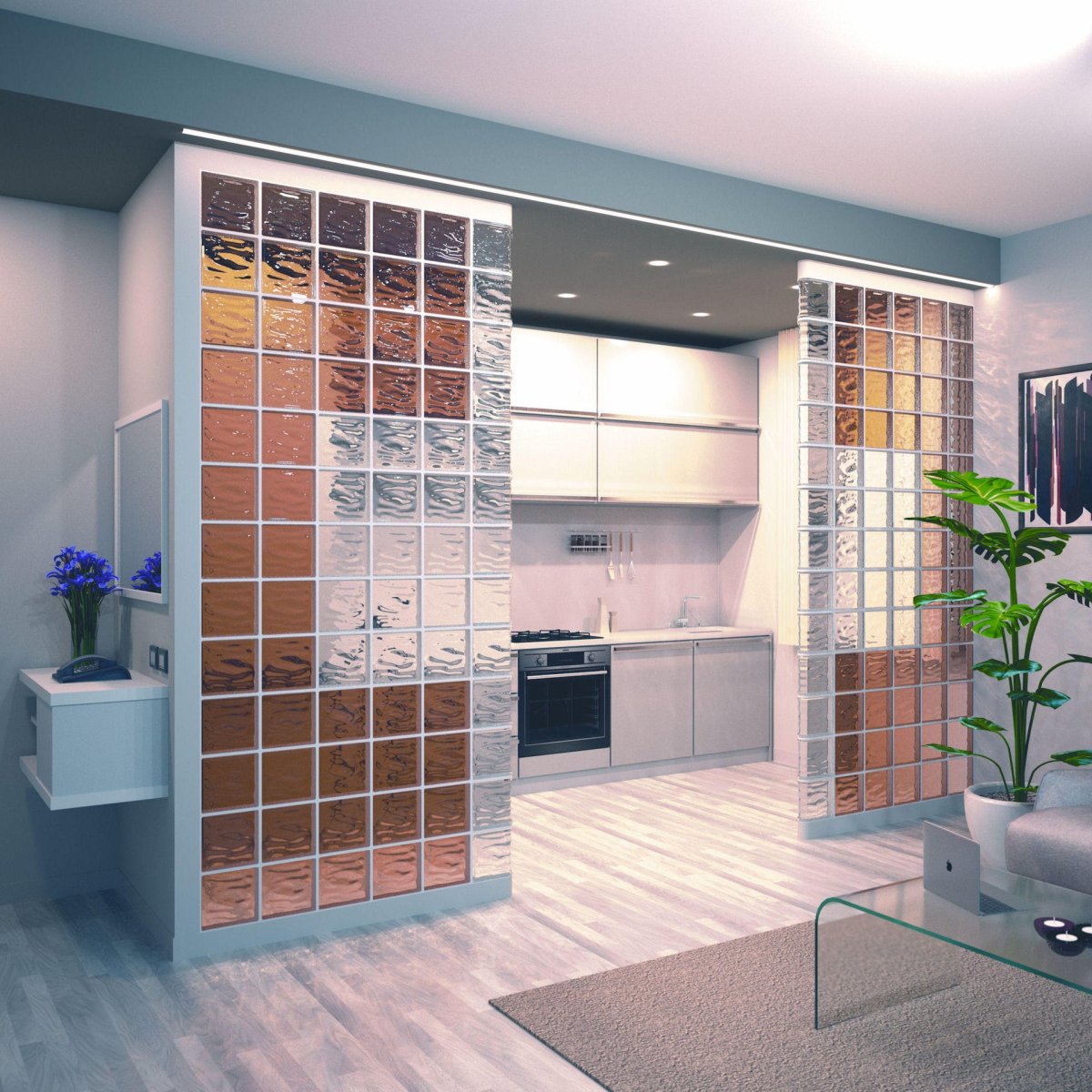 Стеклоблоки в интерьере кухни