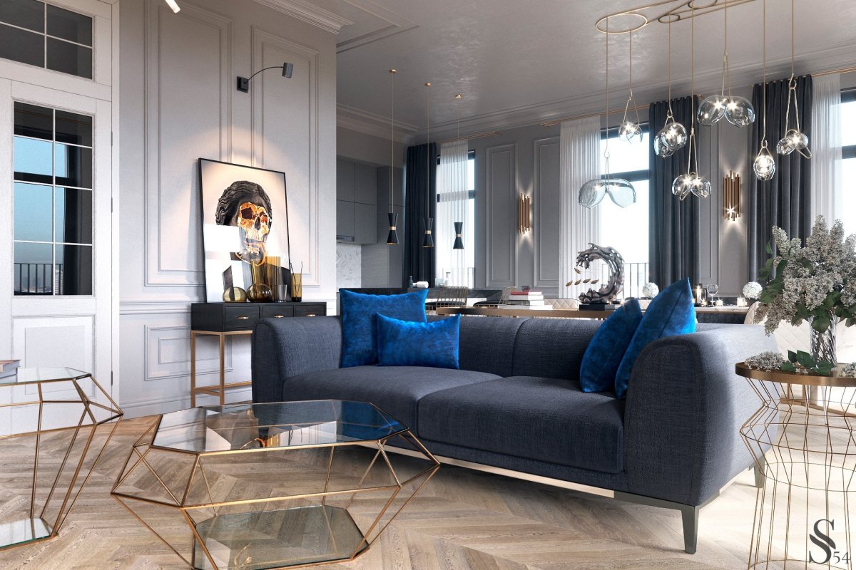 Серые стены синий диван