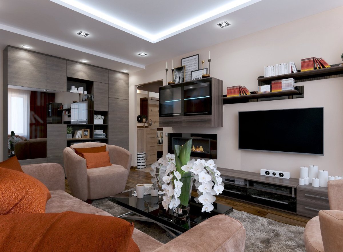 Интерьер гостиной со стенкой и диваном