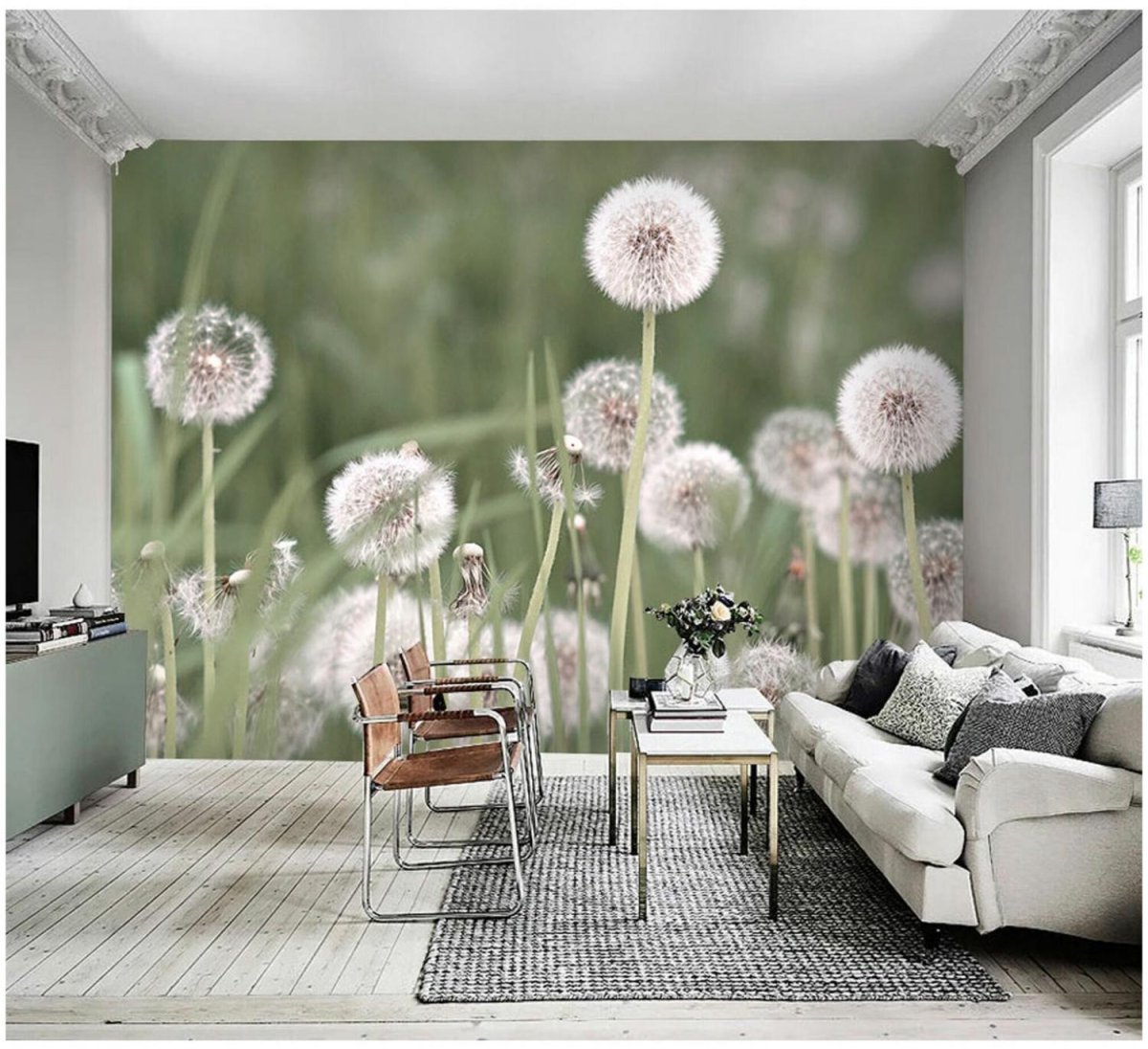 Обои одуванчики в интерьере гостиной