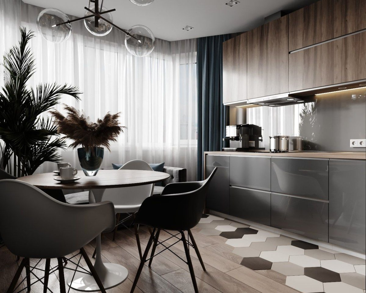 Серо-коричневая кухня в интерьере