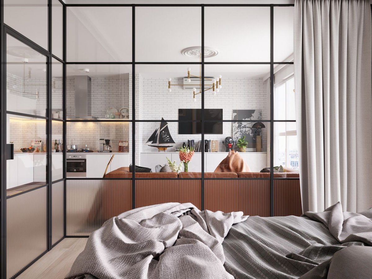 Однушка со стеклянной перегородкой