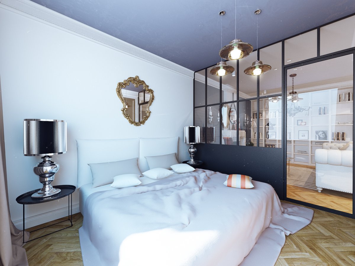 Спальня за стеклянной перегородкой