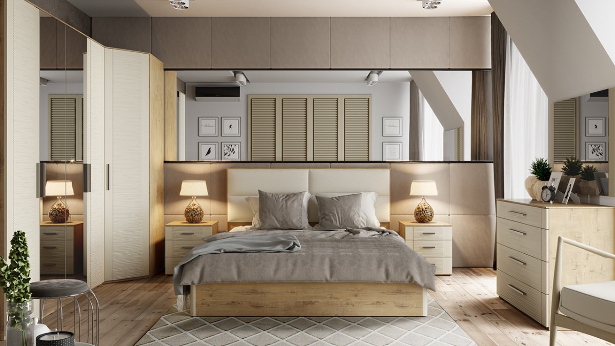 Спальня со шкафом в изголовье