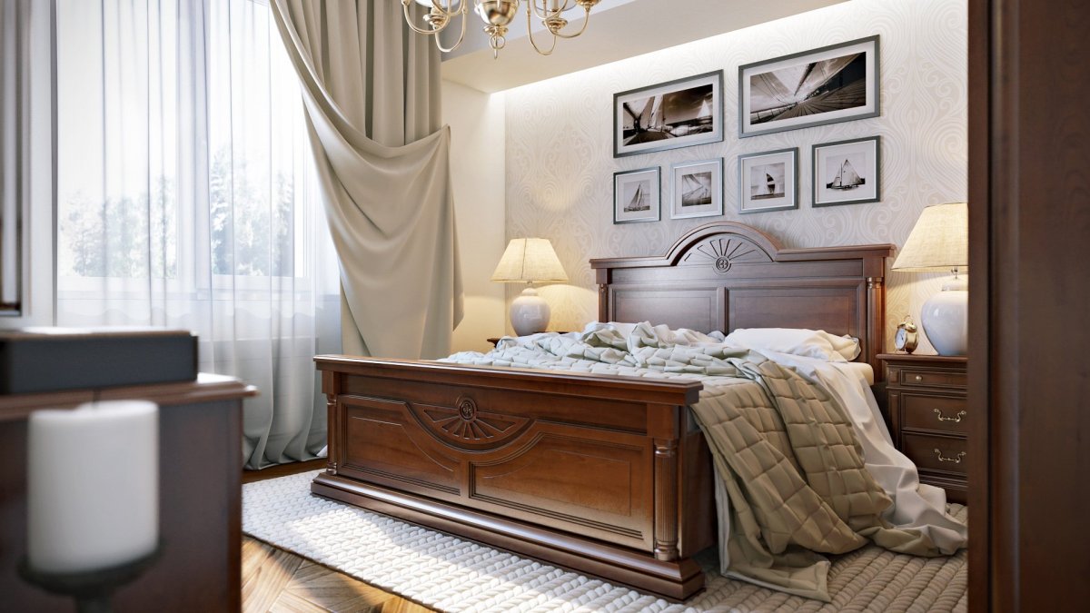Спальня в классическом стиле с темной мебелью