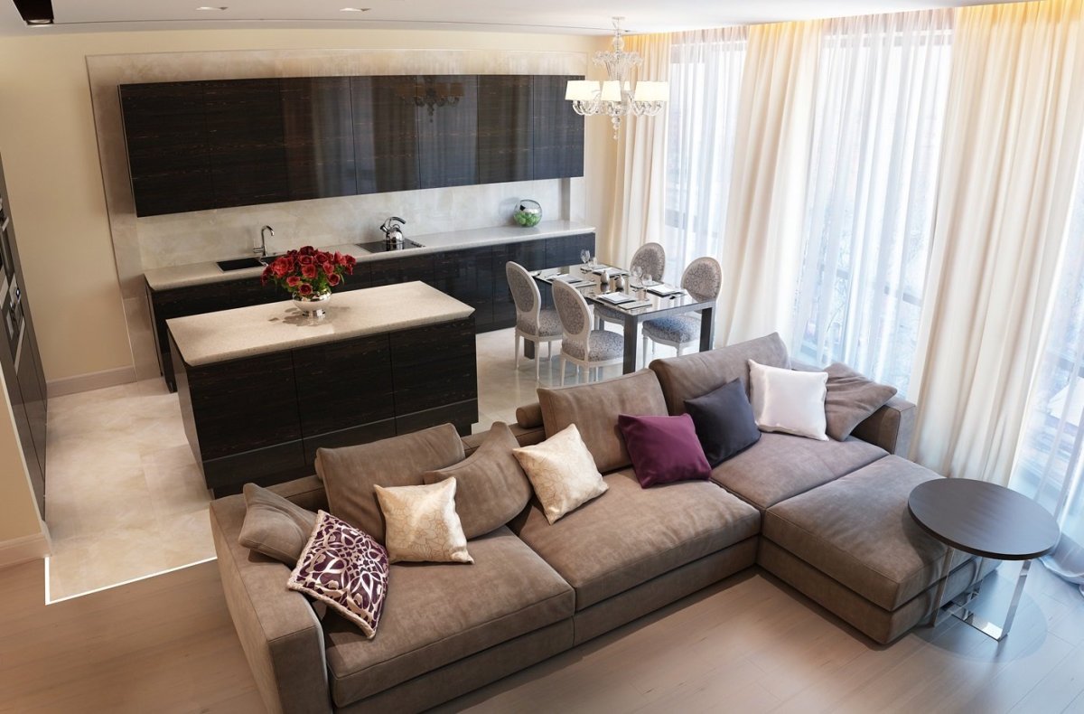 Кухня гостиная с большим диваном