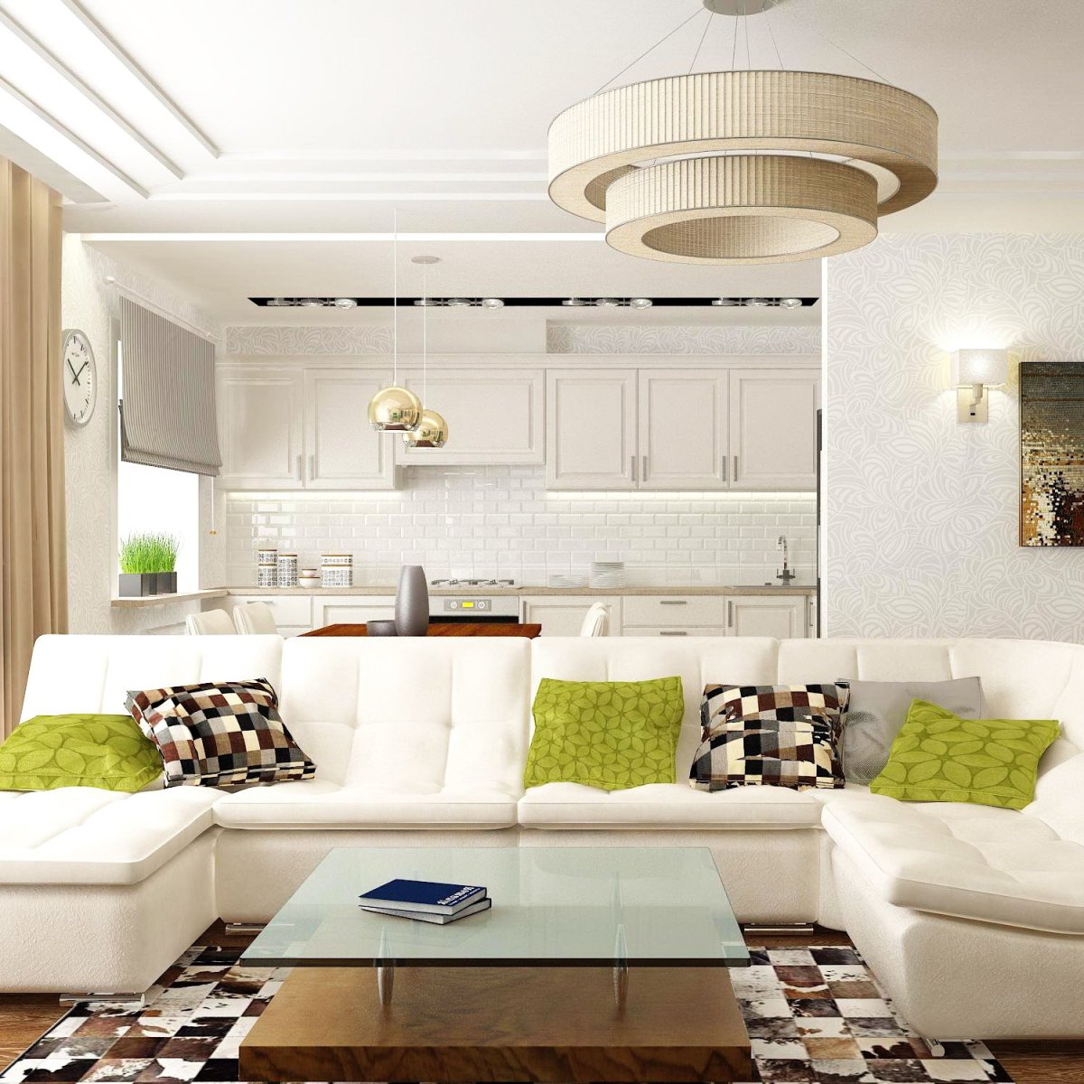 Кухня гостиная с угловым диваном посередине