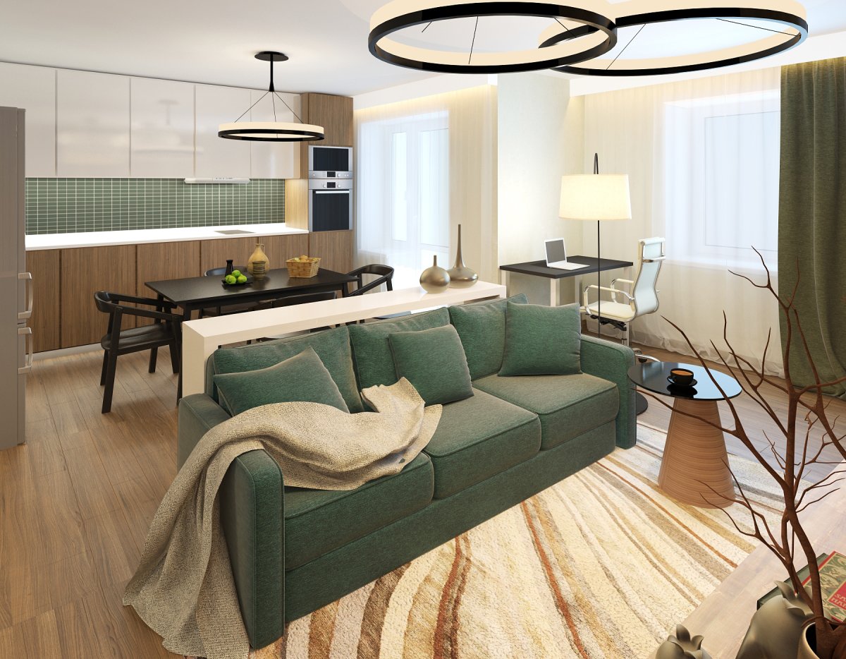 Кухня гостиная с диваном