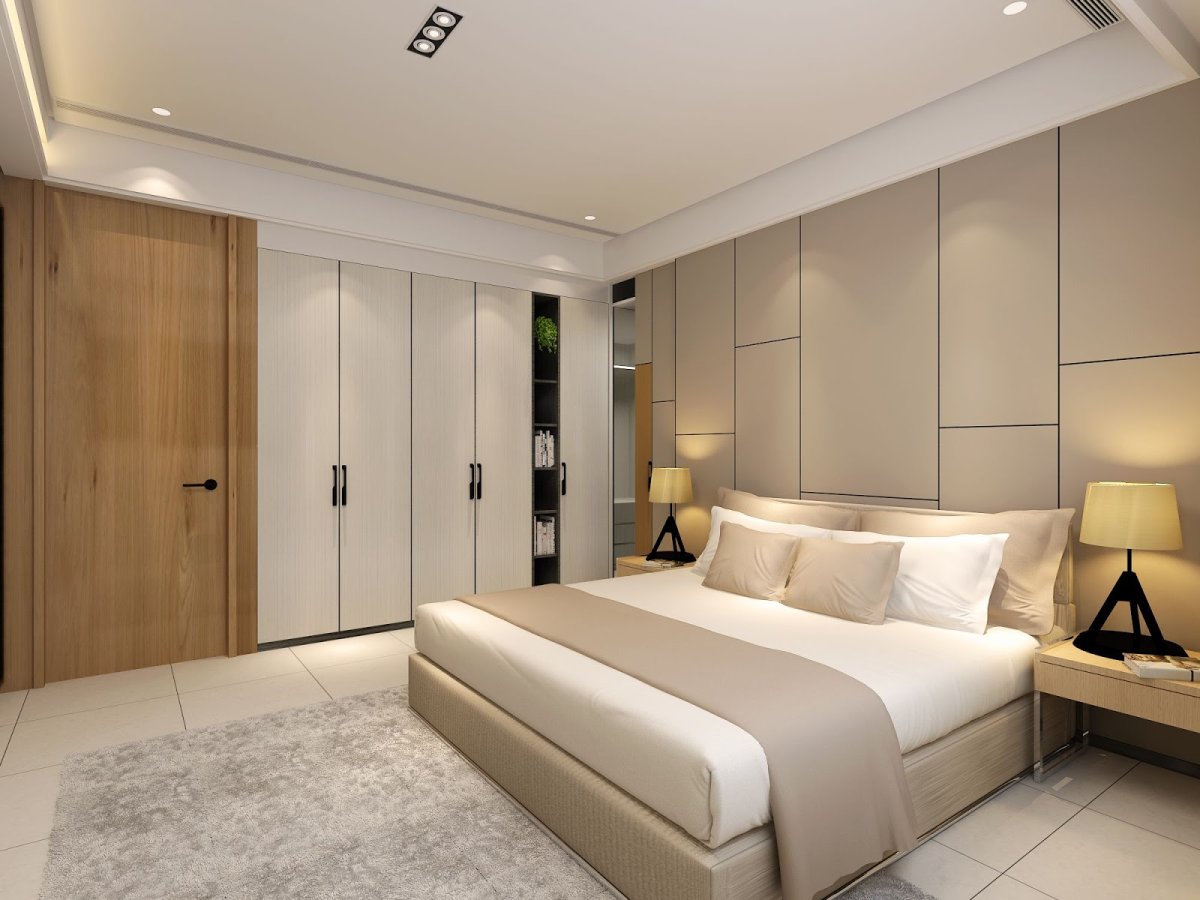 Спальня в современном стиле с большим шкафом