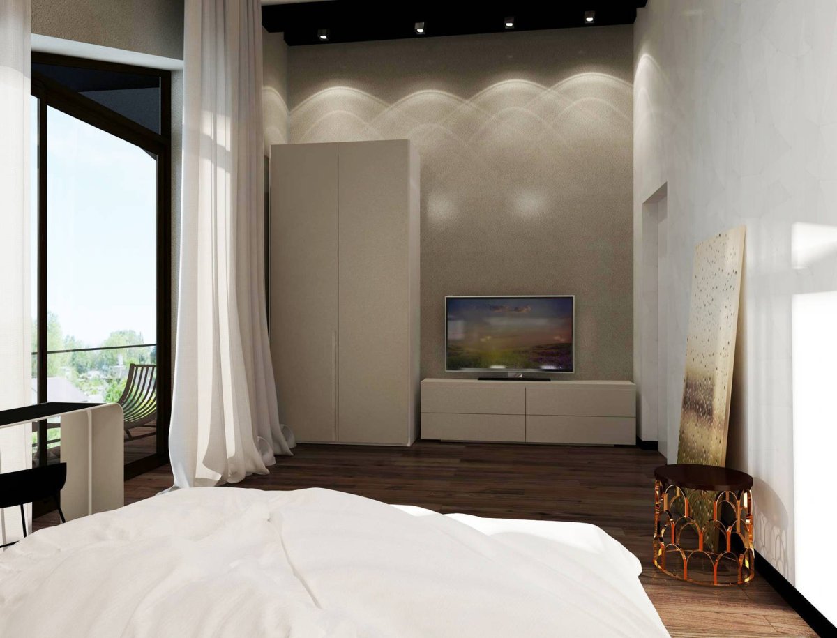 Тумба в спальне напротив кровати