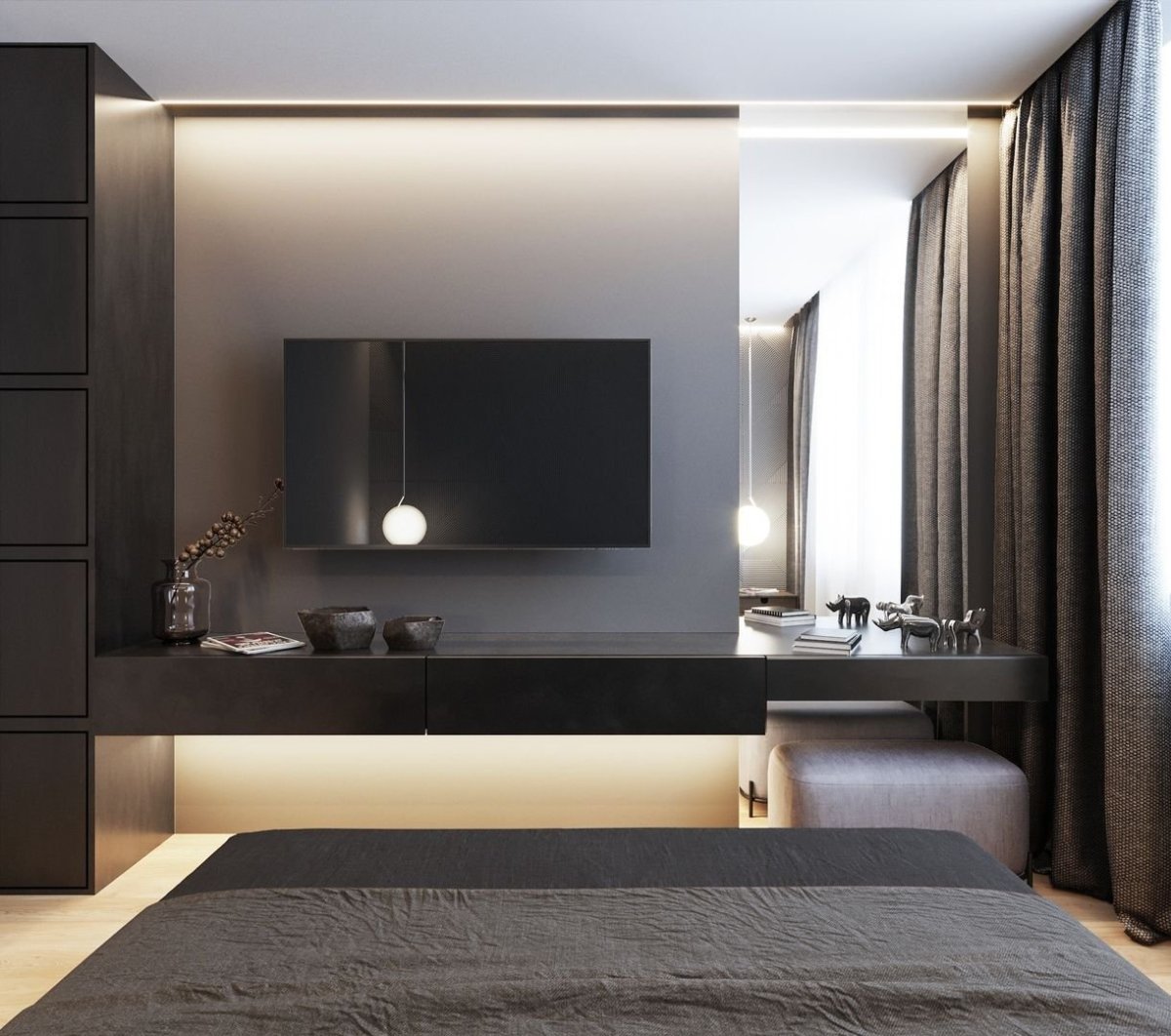 Декор на стену с телевизором в спальню в узкой комнате