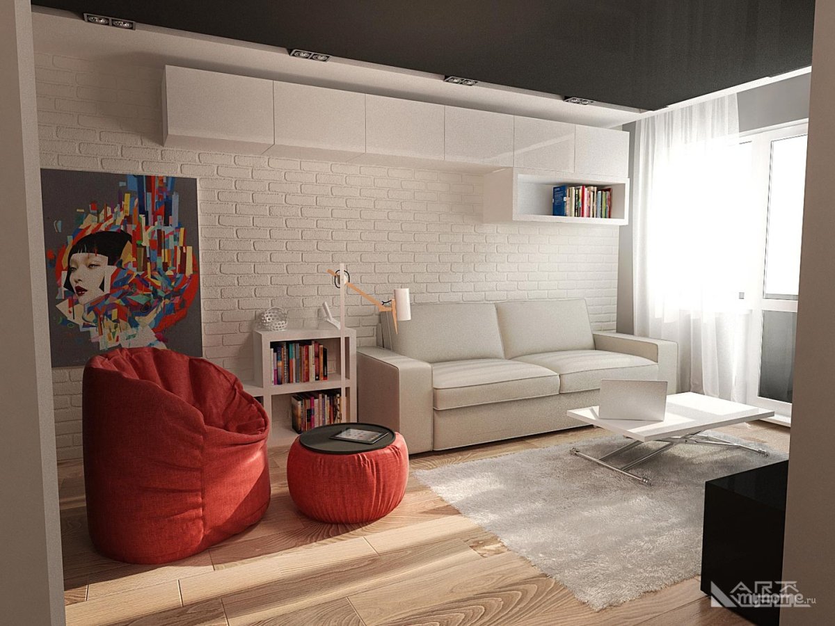 Интерьер однушки с кроватью и диваном