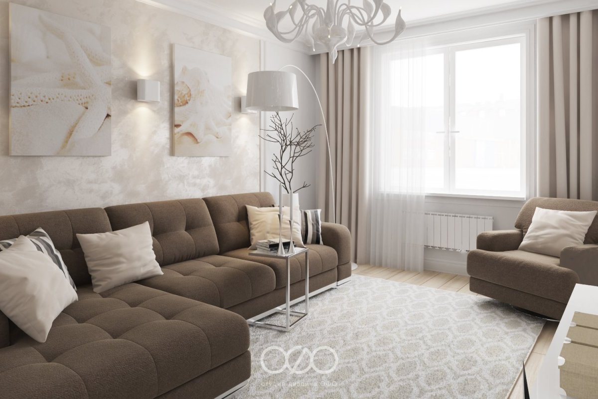 Диван цвета капучино в интерьере гостиной