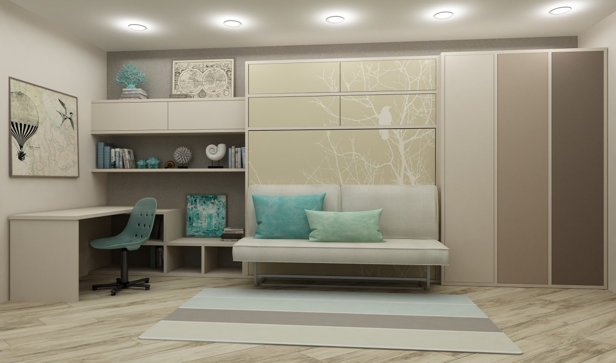 Закрытые шкафы над диваном в интерьере