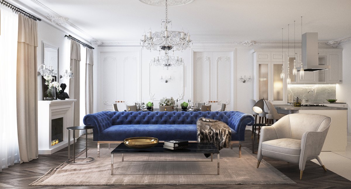 Шикарный голубой диван в интерьере