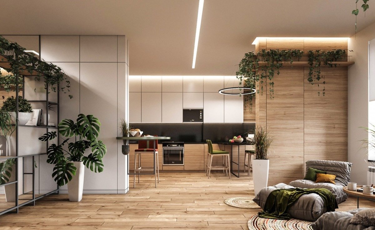 Интерьер гостиной с зеленью