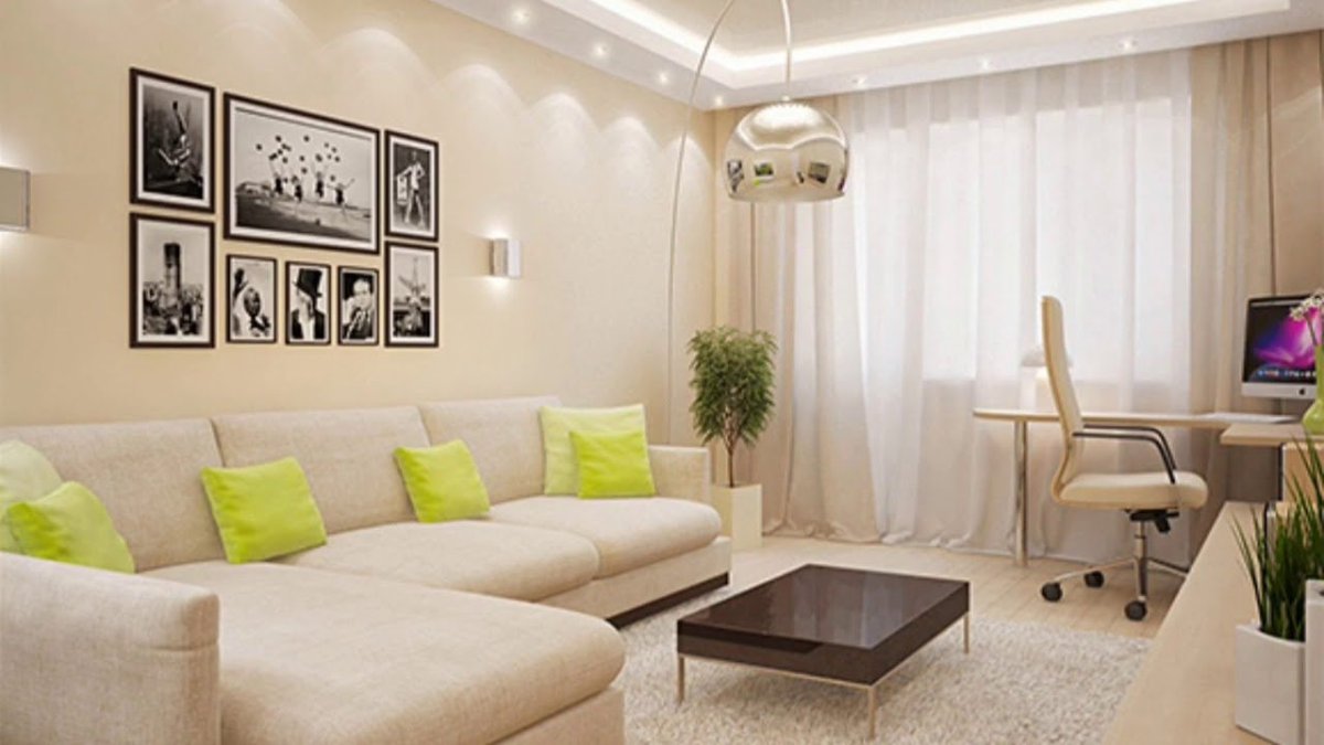 Интерьер зала 16 кв.м с угловым диваном