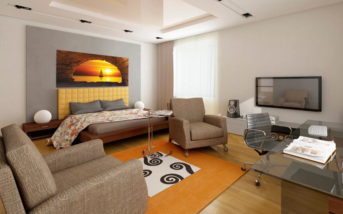 Комната с кроватью и диваном