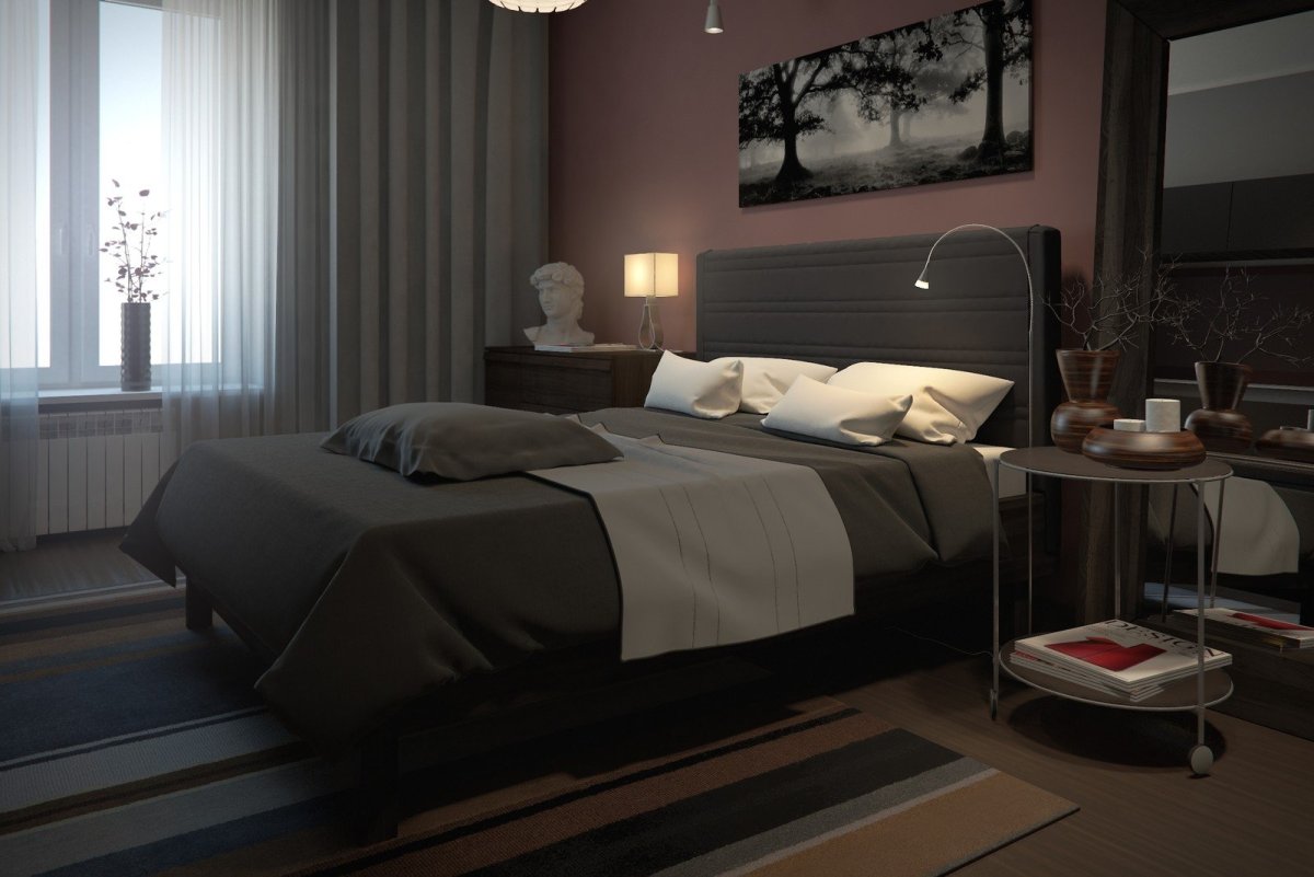 Темная кровать в маленькой спальне