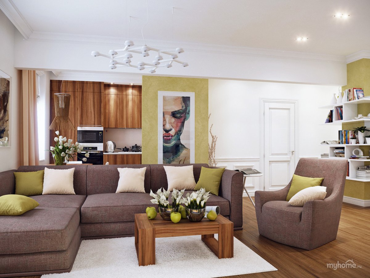 Бежевый кожаный диван в интерьере