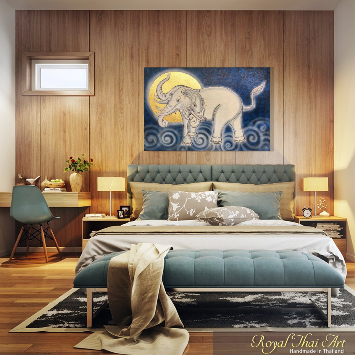 Гардеробная за изголовьем кровати в современном стиле