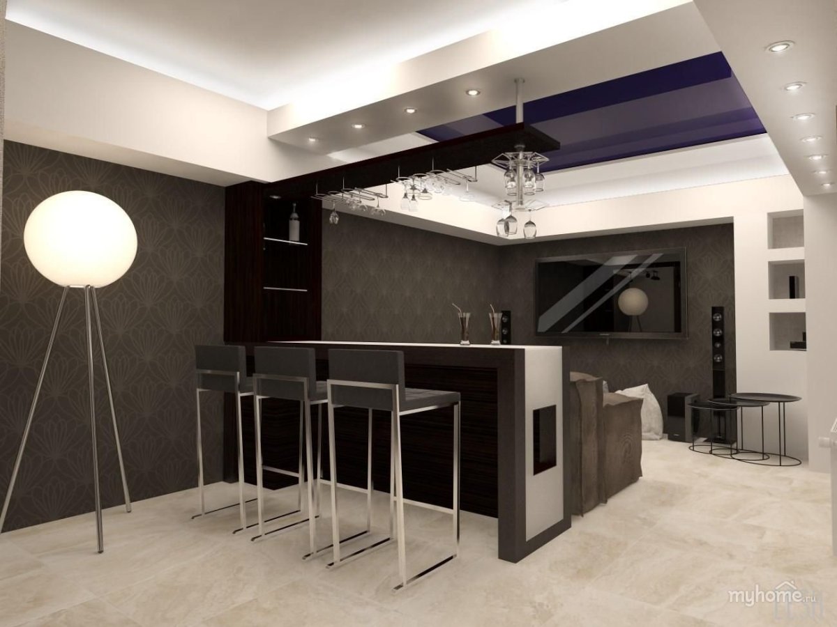 Гостиная с барной стойкой и диваном