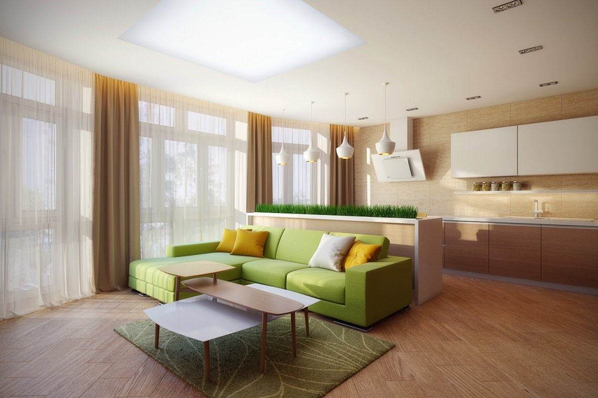 Зелёный диван в интерьере гостиной